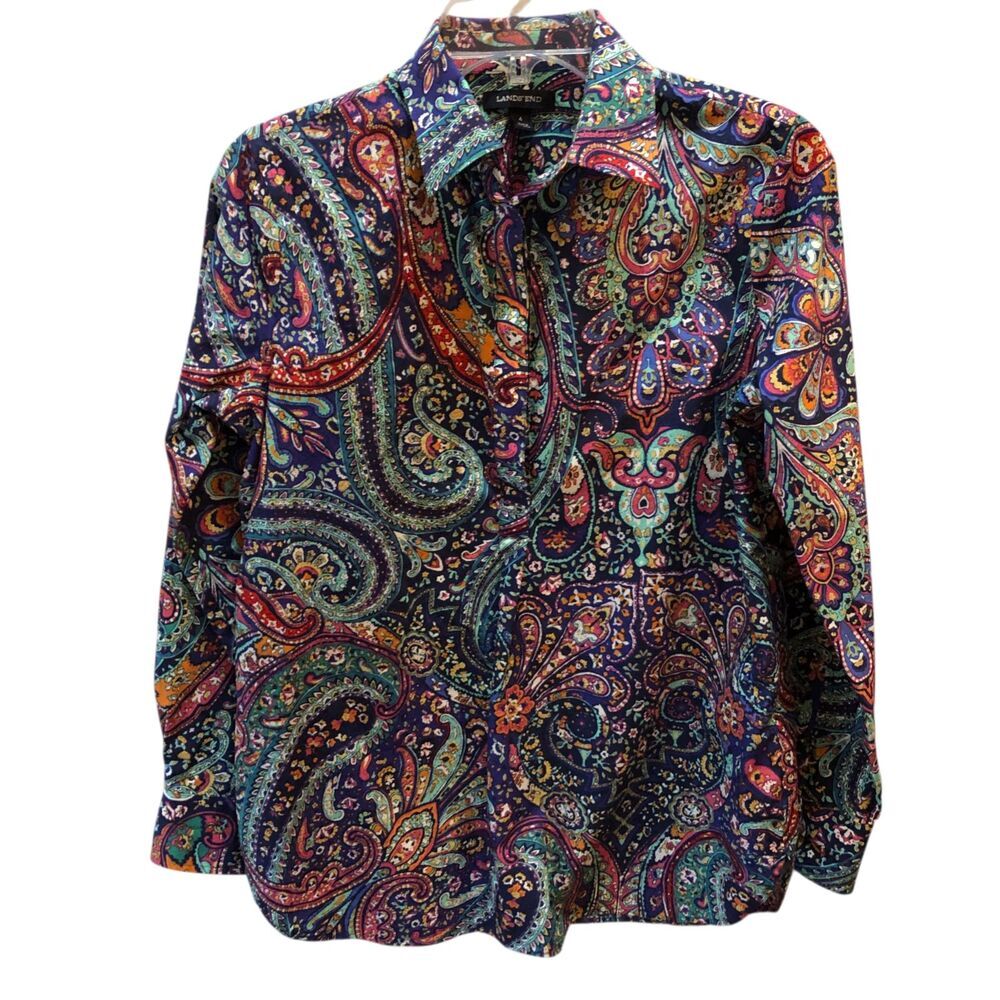 Lands End Womens Size 4 Multicolor Paisley No Iron Supima Cotton  Collared Shirt